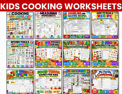 Cooking worksheet and activity bundle with 12 sets covering measuring, recipe reading, vocabulary, nutrition and kitchen skills