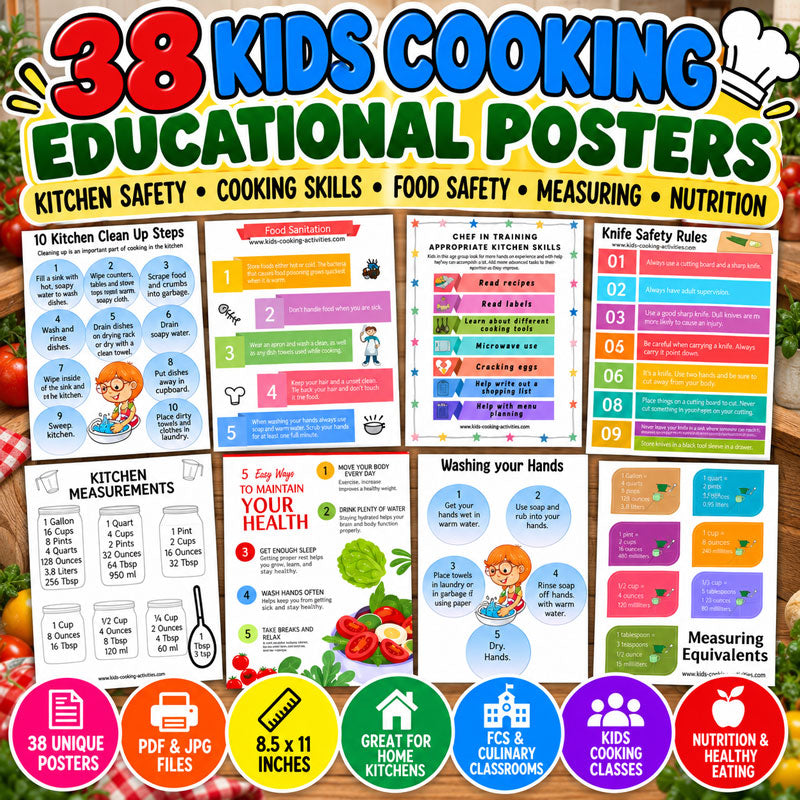 38 kids cooking posters for kitchen safety cooking skills and nutrition