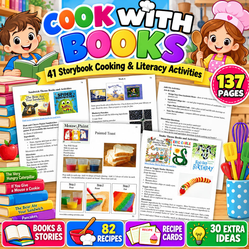 Cook with Books printable with 41 storybook cooking and literacy activities for kids