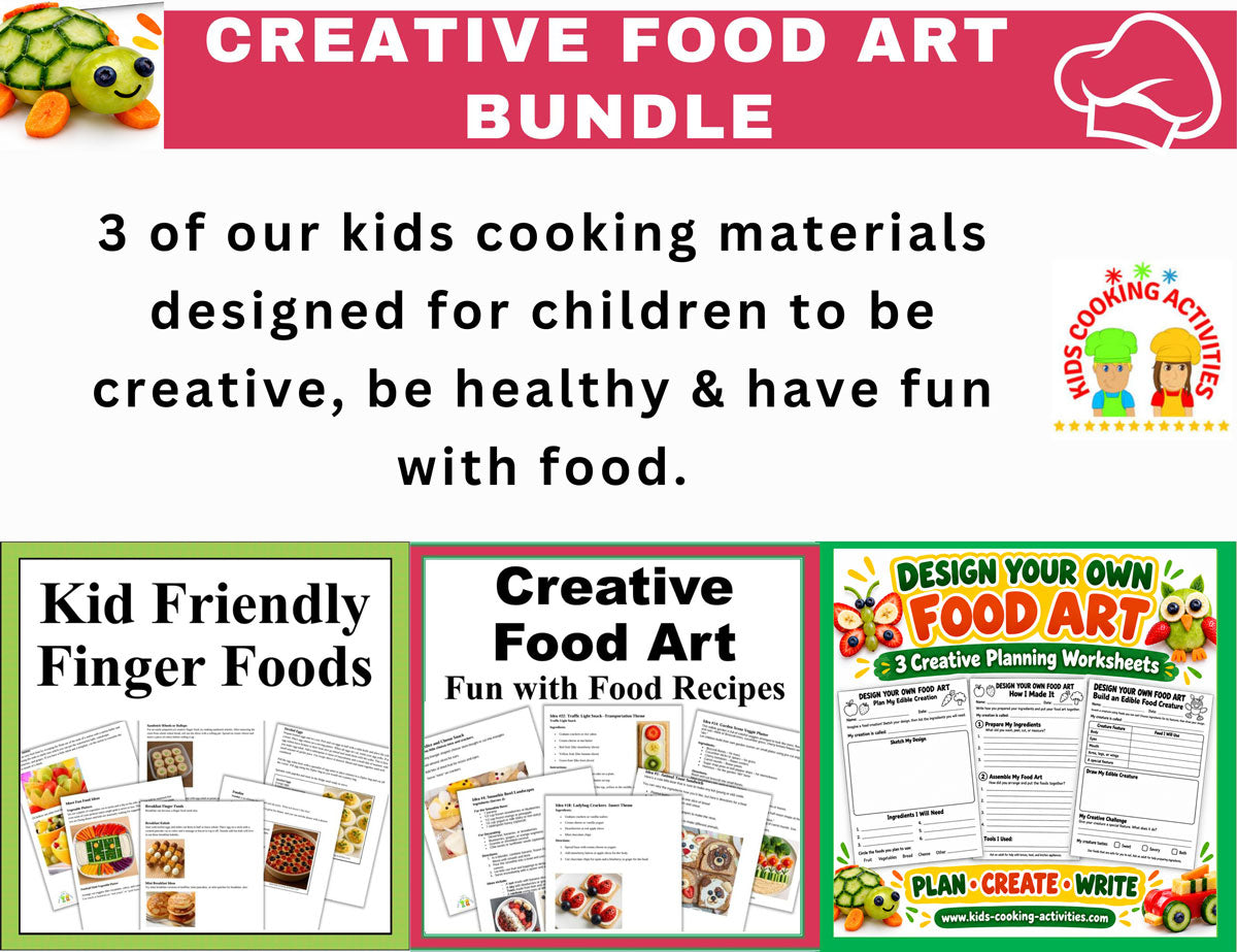 Food art recipe previews featuring ladybug crackers, animal toast, cheese mice, and a vegetable garden scene