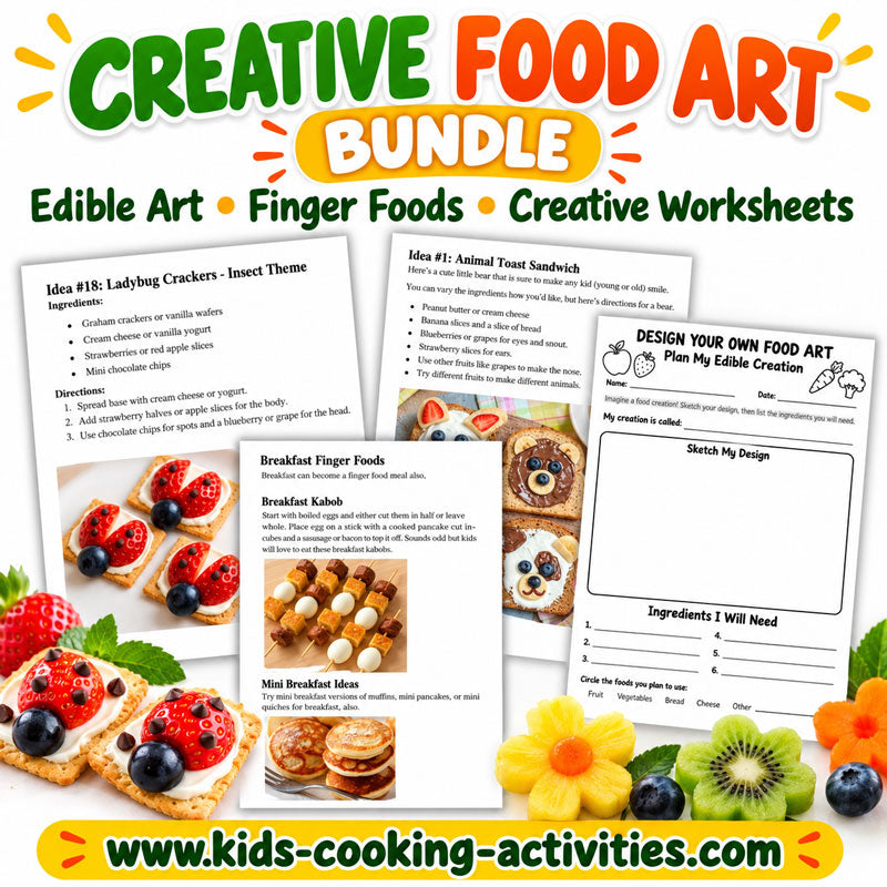Creative Food Art Bundle for kids with finger food recipes, edible art projects, and printable design worksheets