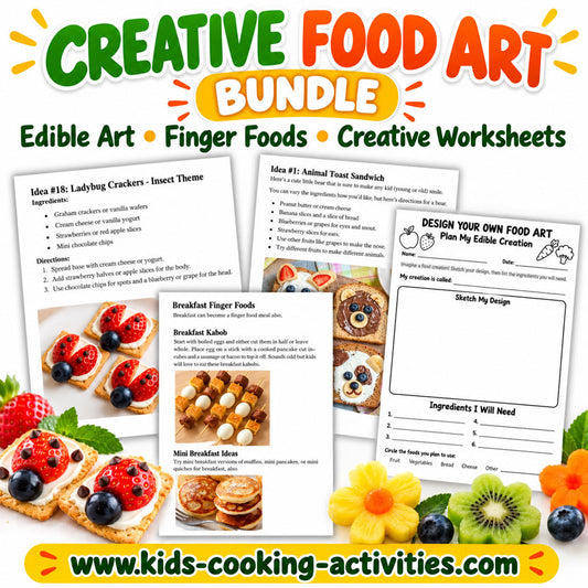 Creative Food Art Bundle for kids with finger food recipes, edible art projects, and printable design worksheets
