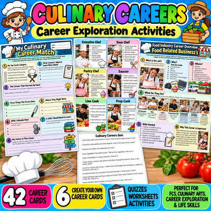 Culinary careers printable with 42 food industry career cards quiz and career exploration activities