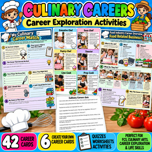 Culinary careers printable with 42 food industry career cards quiz and career exploration activities