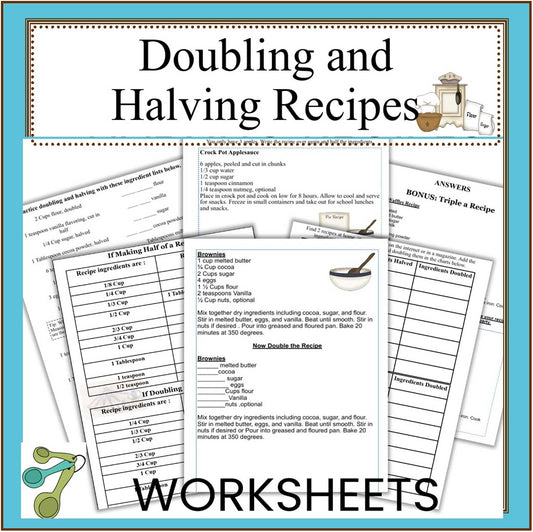 Doubling and Halving Recipes Worksheets-Cooking & Math Practice-Digital Download