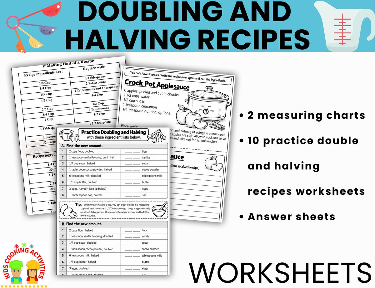 Printable doubling and halving recipe worksheets for students