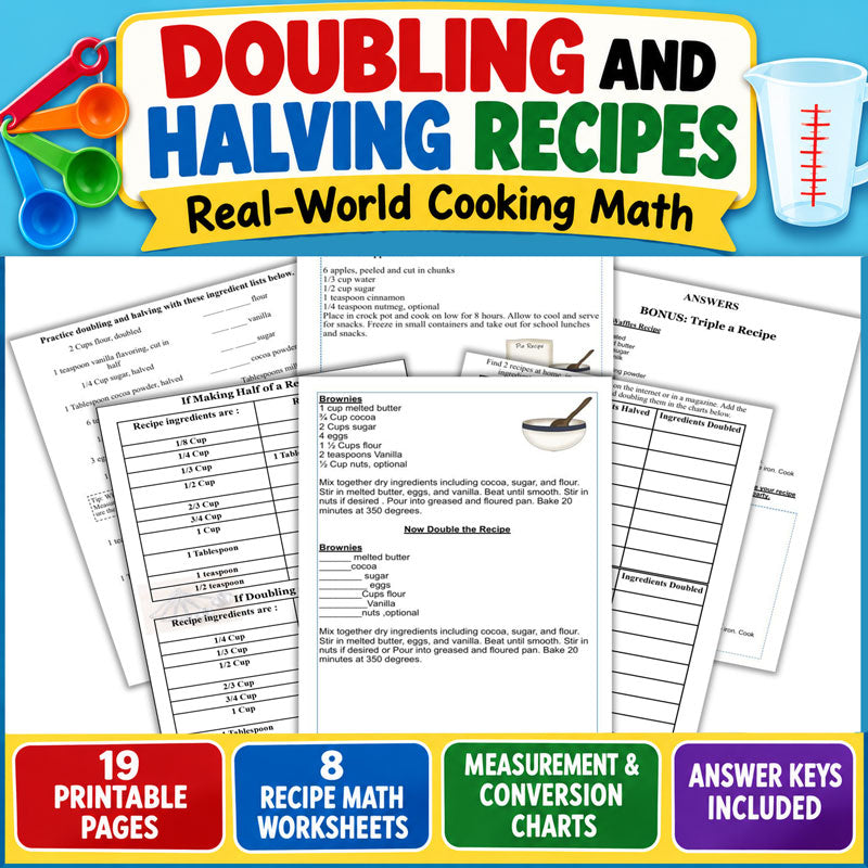 Doubling and halving recipes math worksheets for kids