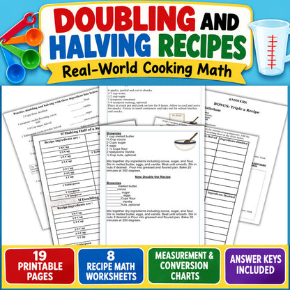 Doubling and halving recipes math worksheets for kids