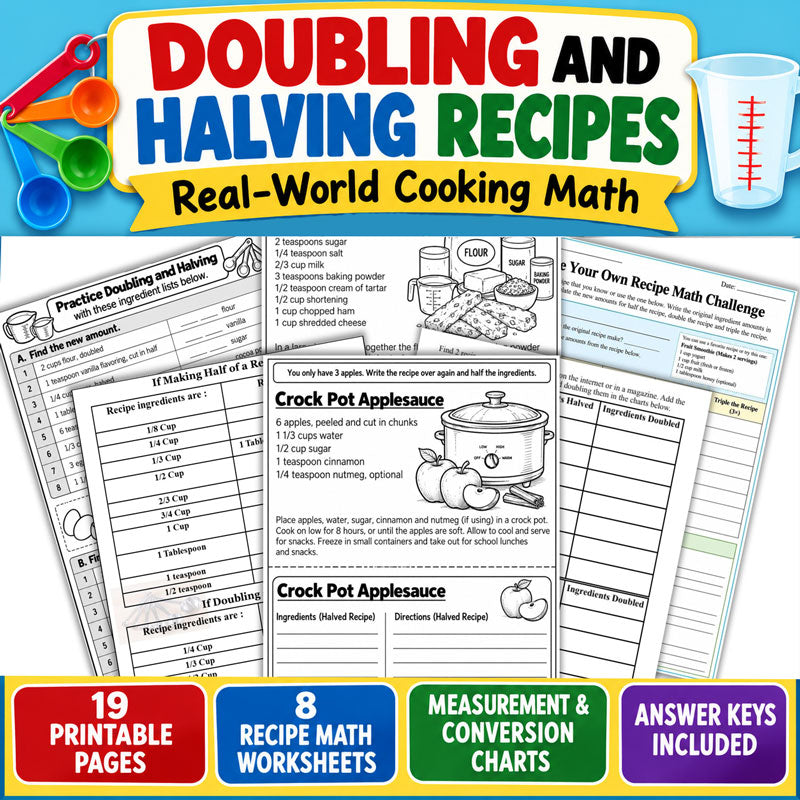 Doubling and halving recipes math worksheets for kids