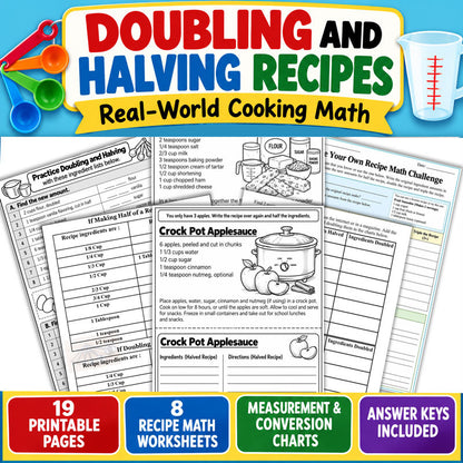 Doubling and halving recipes math worksheets for kids