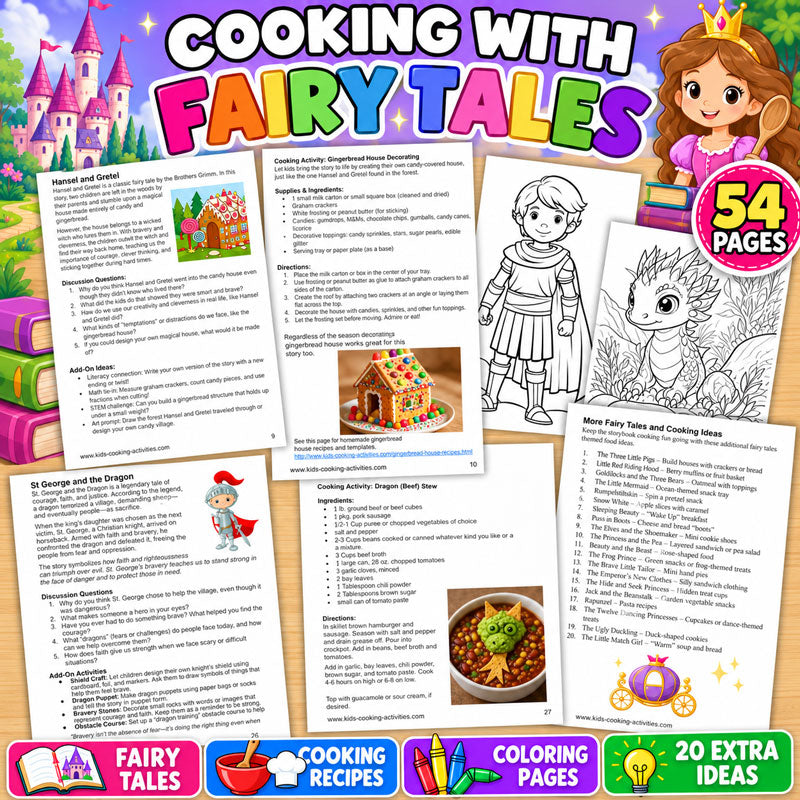 Cooking with Fairy Tales printable with 15 storybook cooking activities for kids