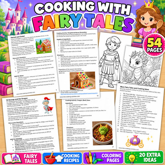 Cooking with Fairy Tales printable with 15 storybook cooking activities for kids