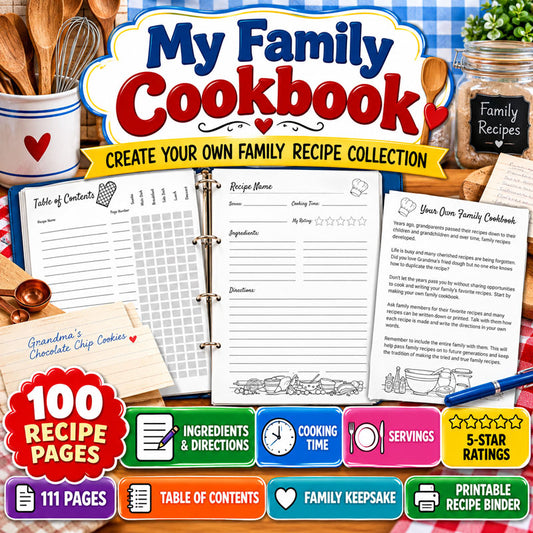 Printable family recipe book with 100 blank recipe journal pages