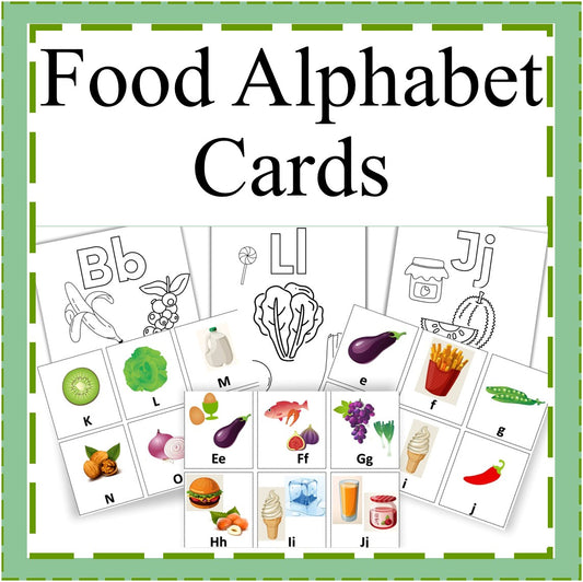 Food Alphabet Cards, Game and Coloring Sheets-Educational A-Z Food-Themed Letter Cards-Digital Download