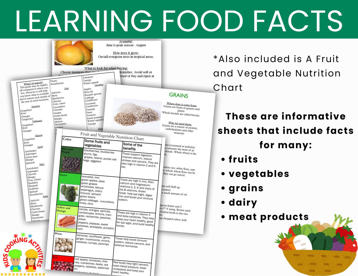 Learning about Food Facts- Info on Fruits, Vegetables, Grains, Dairy & Meat -Digital Download