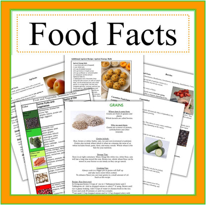 Learning about Food Facts- Info on Fruits, Vegetables, Grains, Dairy & Meat -Digital Download