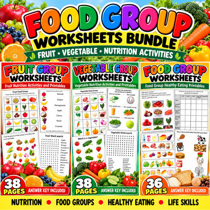 Food Group Worksheets Bundle with fruit vegetable nutrition and meal planning activities for kids