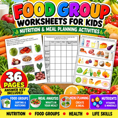 Food group worksheets for kids with nutrition meal planning sorting and matching activities