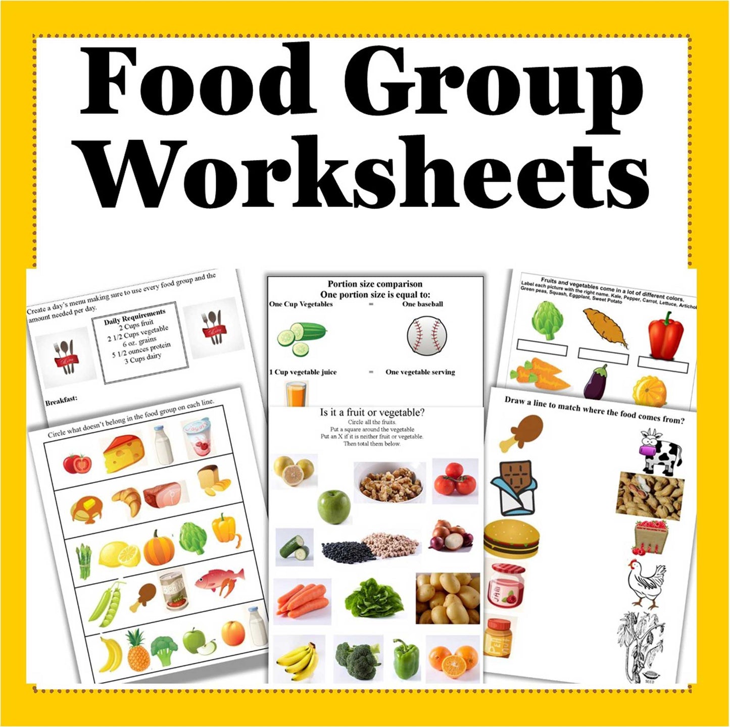 Food Group Worksheets Bundle Set-Food Group Learning Worksheets-Digital Download