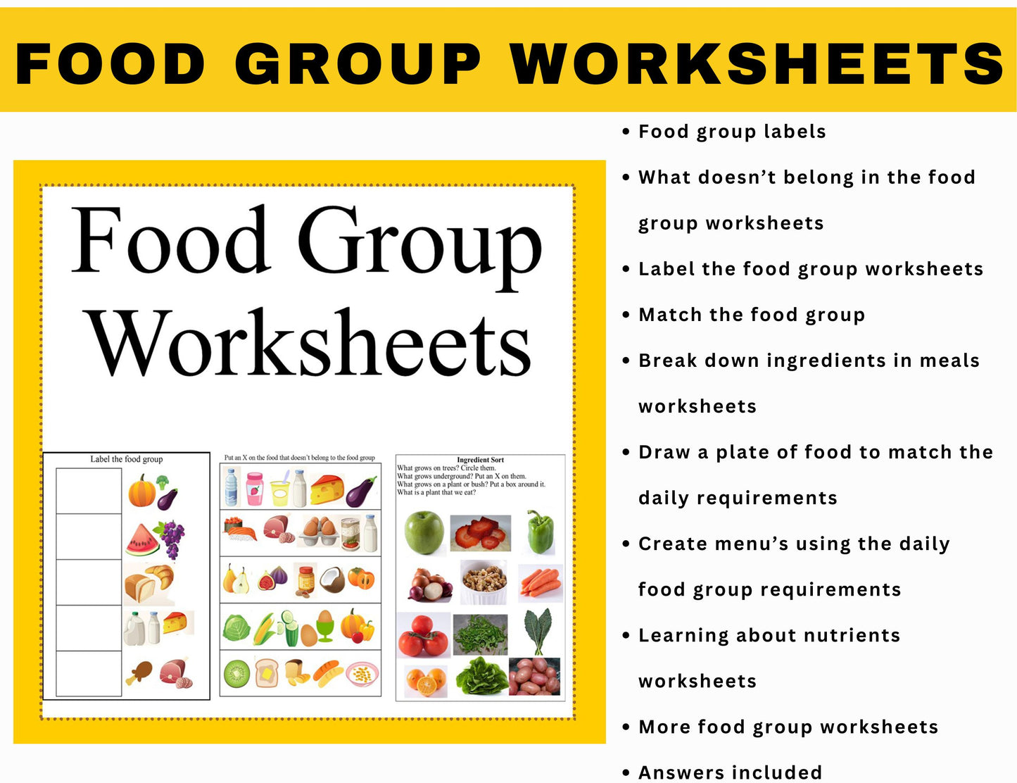 Food Group Activities and Worksheets-Digital Download