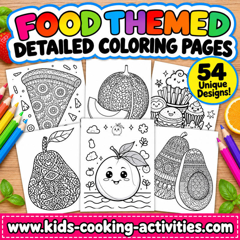 54 printable food-themed coloring pages with detailed food designs