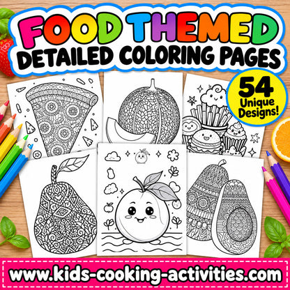 54 printable food-themed coloring pages with detailed food designs