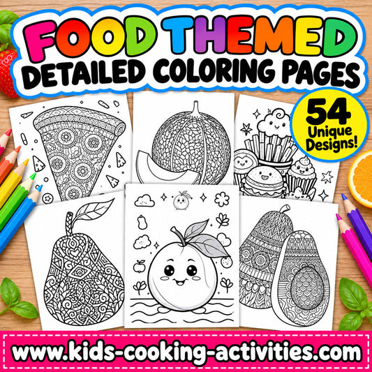 54 printable food-themed coloring pages with detailed food designs