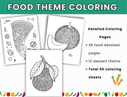 Food-Themed Detailed Coloring Pages – 54 Printable Sheets- Digital Download