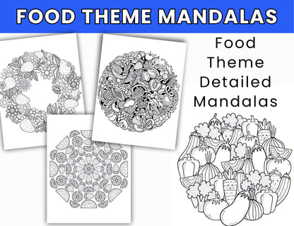 Food-Themed Mandala Detailed Coloring Pages-30 Coloring Food Mandalas- Digital Download