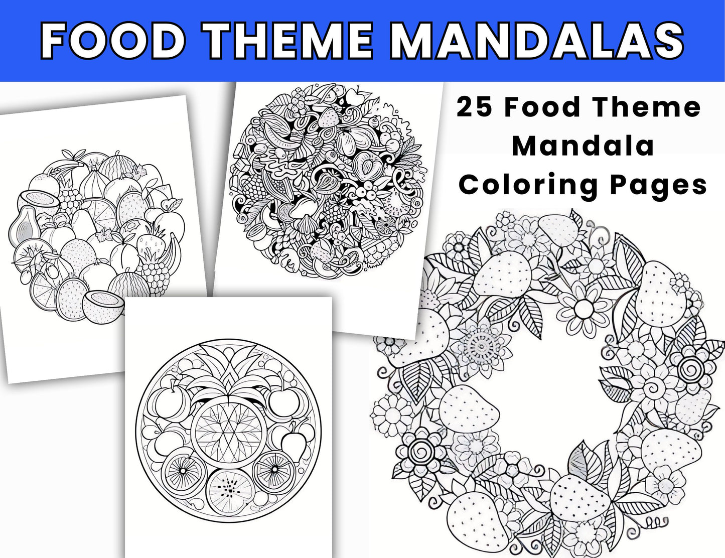 Food-Themed Mandala Detailed Coloring Pages-30 Coloring Food Mandalas- Digital Download