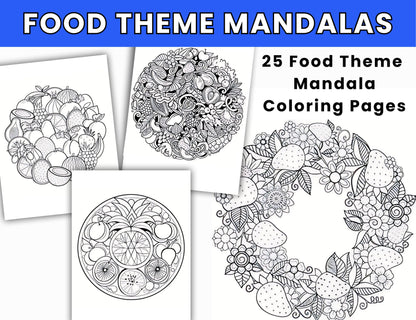 Food-Themed Mandala Detailed Coloring Pages-30 Coloring Food Mandalas- Digital Download