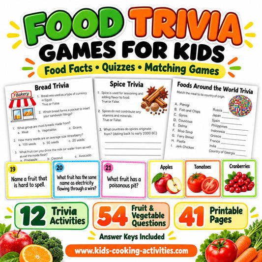 Printable food trivia worksheets about fruits vegetables bread grains spices cheese and world foods