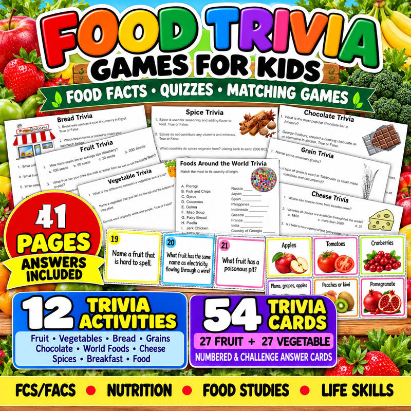 Food Trivia Games for Kids – 12 Activities + 54 Trivia Cards -Digital Download