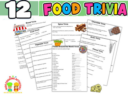 Printable food trivia worksheets about fruits vegetables bread grains spices cheese and world foods