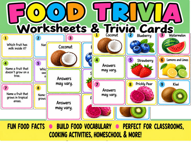 Printable fruit trivia question cards for kids matching game