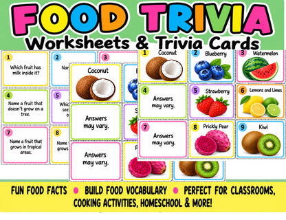 Printable fruit trivia question cards for kids matching game
