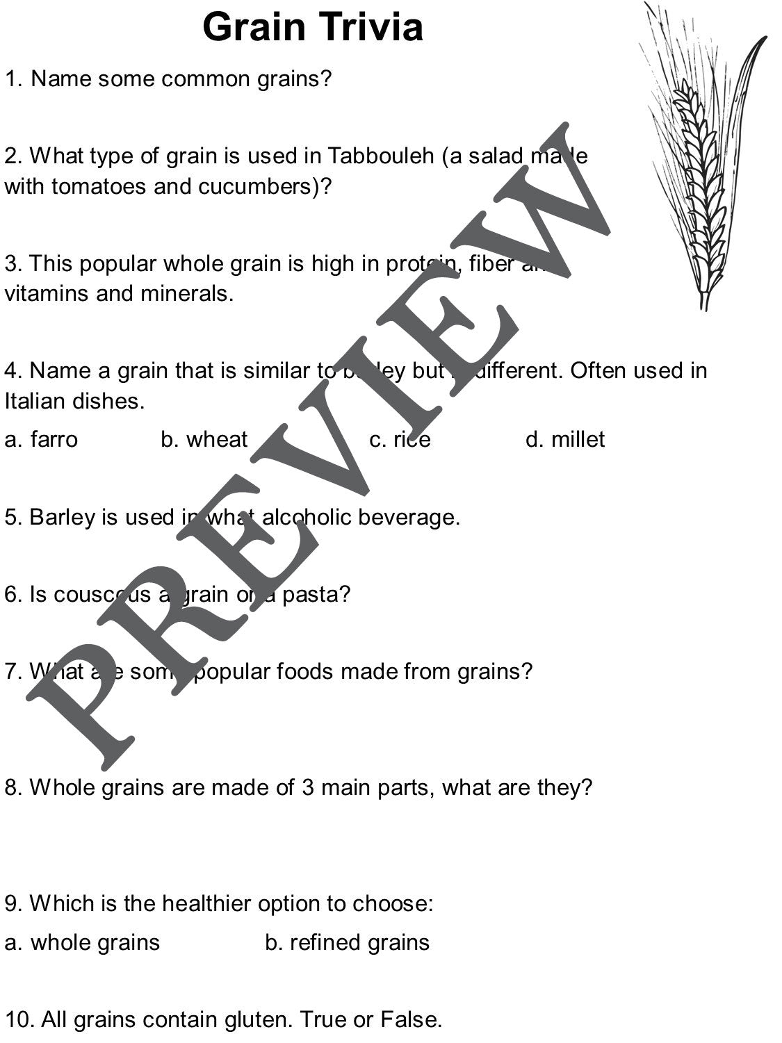 Food Trivia Worksheets and Matching Card Game-Digital Download