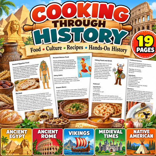 Cooking Through History printable with food history recipes and activities for kids