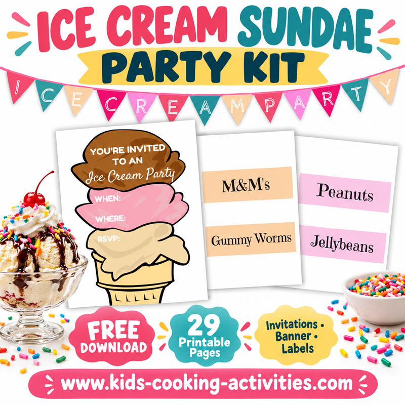 Free Ice Cream Sundae Party Kit – Printable Invitations, Banner &amp; Topping Labels