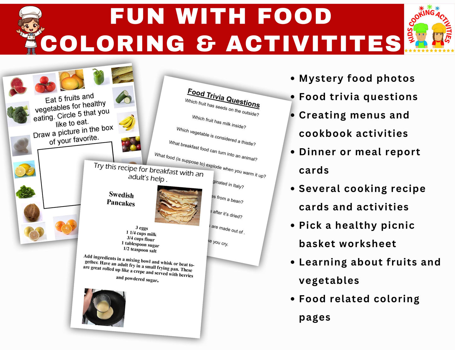 Fun with Food Coloring & Activity Book – Cooking-Themed Printables for Kids (Digital Download)