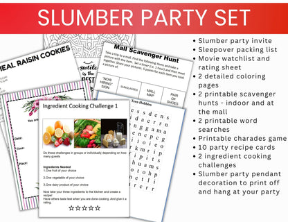 Slumber Party Printables Set- Sleepover Party Games and Slumber Party Recipes-Digital Download