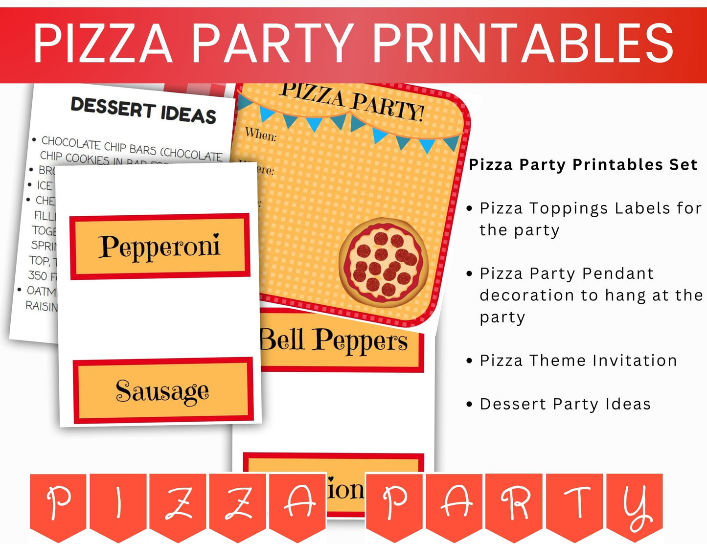 Printable Pizza Party Printables Set - Pizza Party Invitation, Party Labels and Decorations-Digital Download