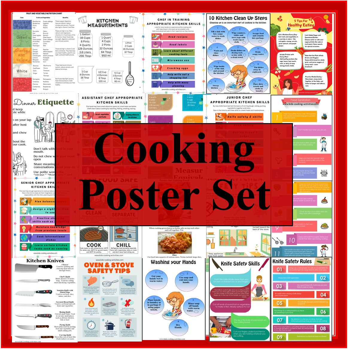 Kids Cooking Poster Set -  32 Cooking with Kids Educational Posters -Digital Download