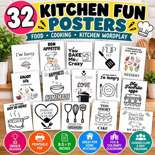 32 printable kitchen fun posters with food and cooking wordplay