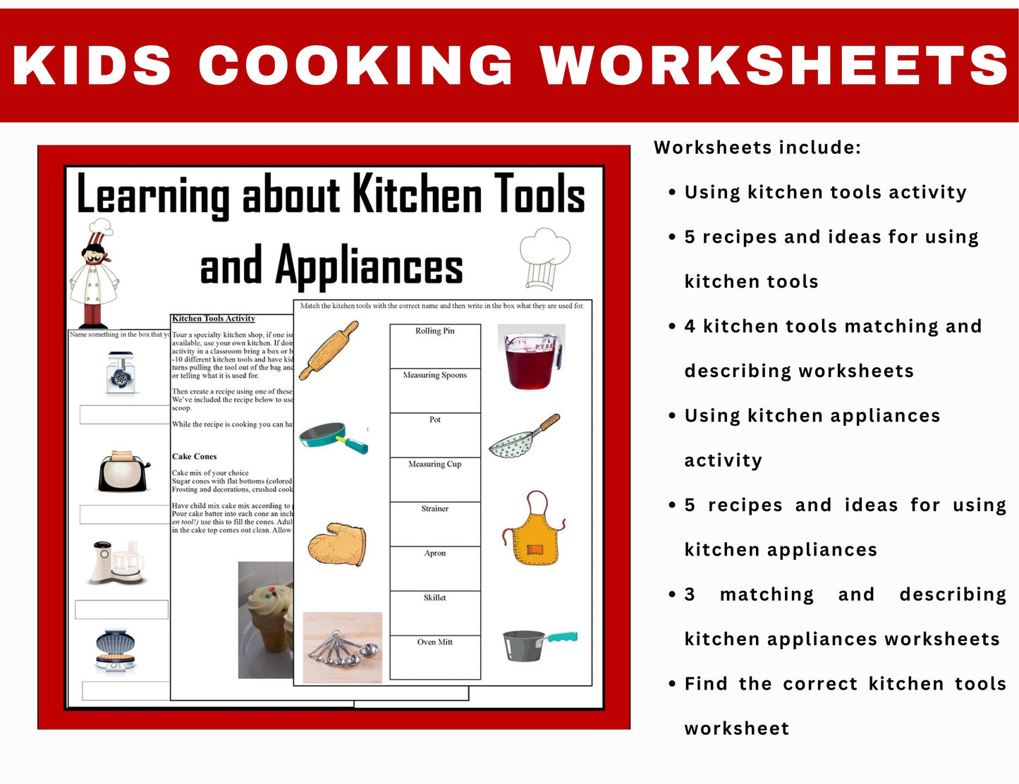 Learning about Kitchen Tools and Appliances- Cooking Utensils Worksheets-Digital Download