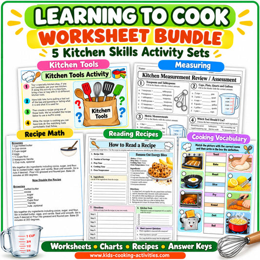 Learning to Cook Worksheet Bundle for kids with 144 printable cooking worksheets, kitchen skills, measuring, recipe reading and cooking math