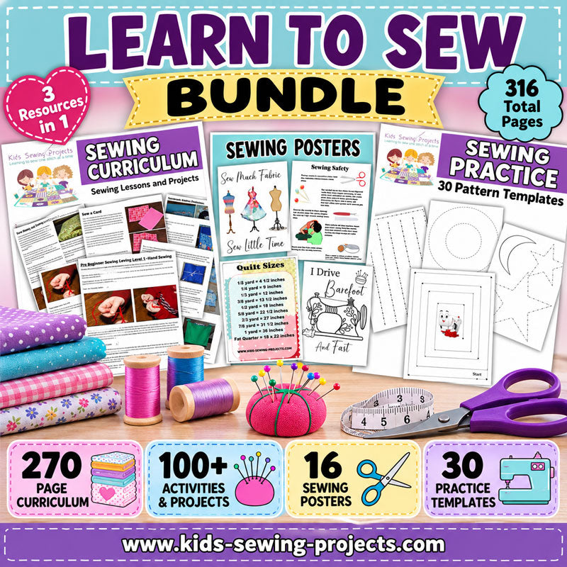Learn to Sew Bundle with 316 printable pages including kids sewing curriculum, 16 posters and 30 sewing machine practice templates