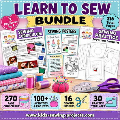 Learn to Sew Bundle with 316 printable pages including kids sewing curriculum, 16 posters and 30 sewing machine practice templates
