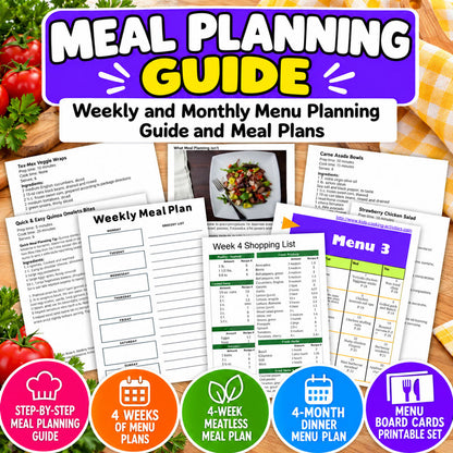 Meal planning bundle with 4 printable menu planners recipes shopping lists and menu cards