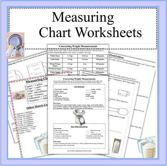 Kitchen Measuring Chart & Conversion- Measurements Worksheets -Cooking with Kids  -Digital Download